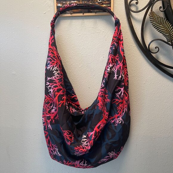 MODAPOSA Large Hobo Bag Coral Print Black Pink Red Lightweight Shoulder Tote‎ - Picture 1 of 5